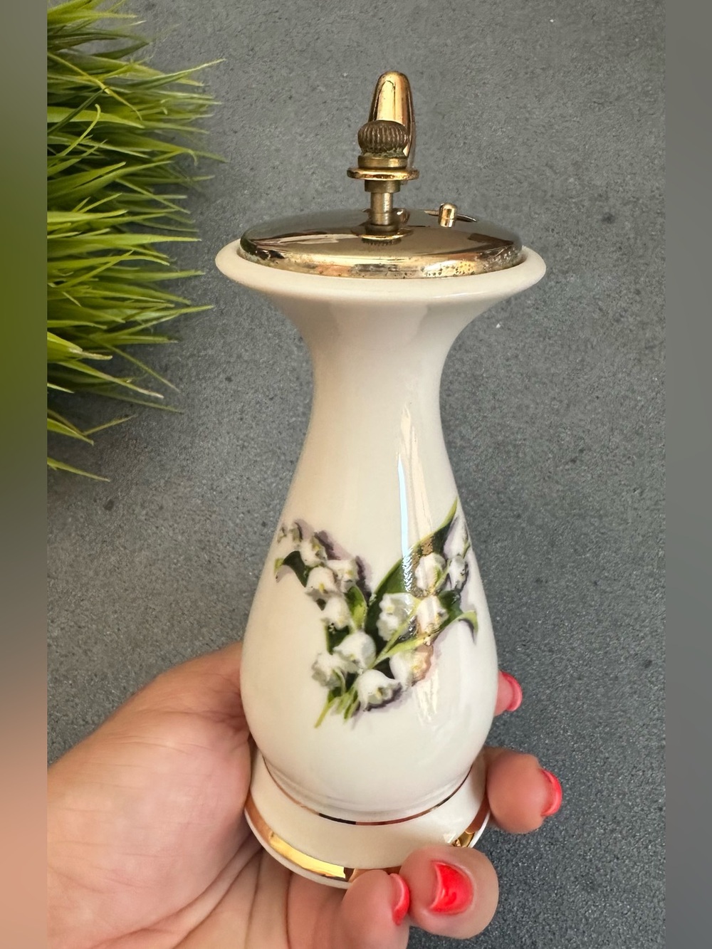 Porcelain White Lily of the Valley Pepper mill with Gold accents